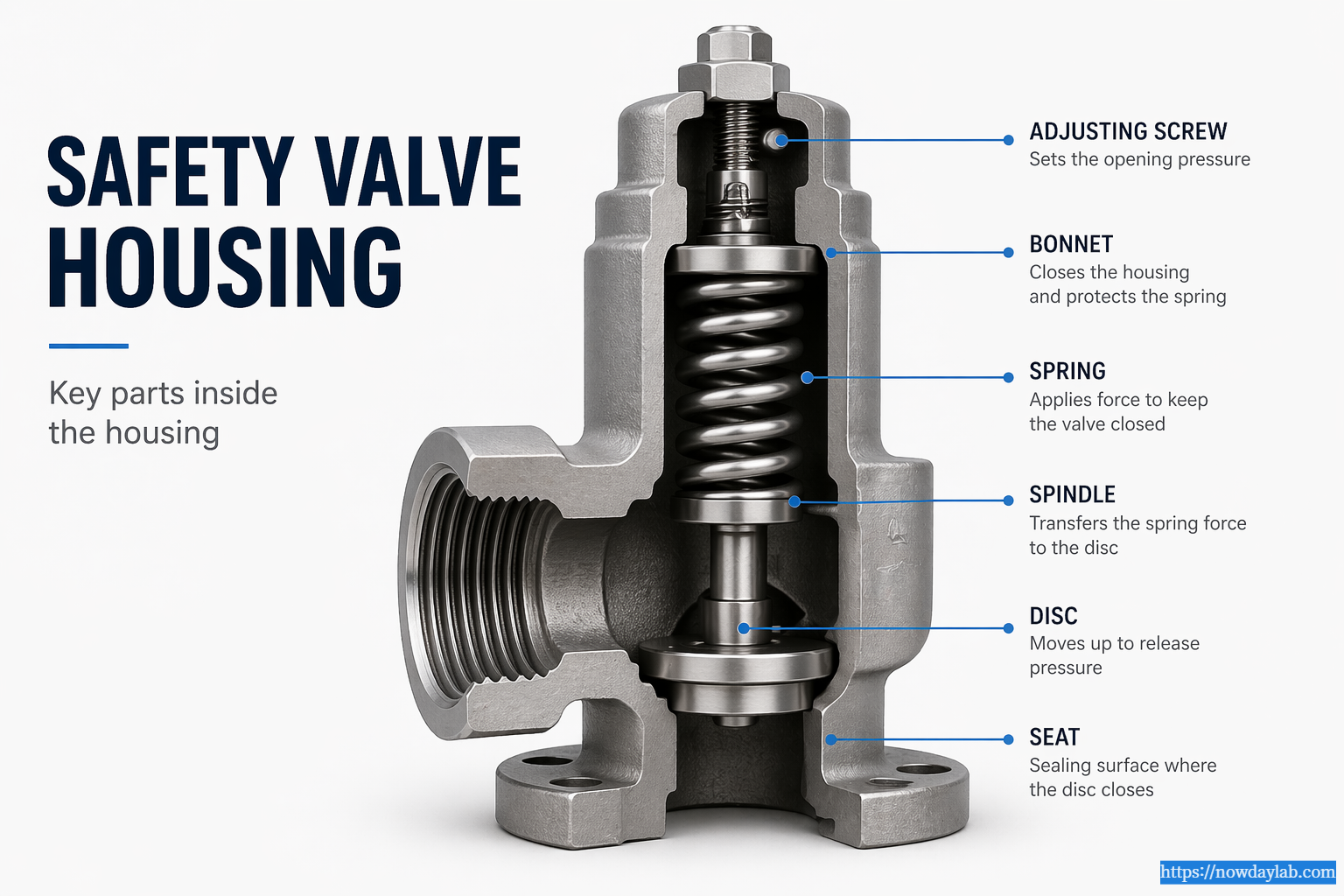 Safety valve housing cross-section showing spring, disc, seat, and adjusting screw