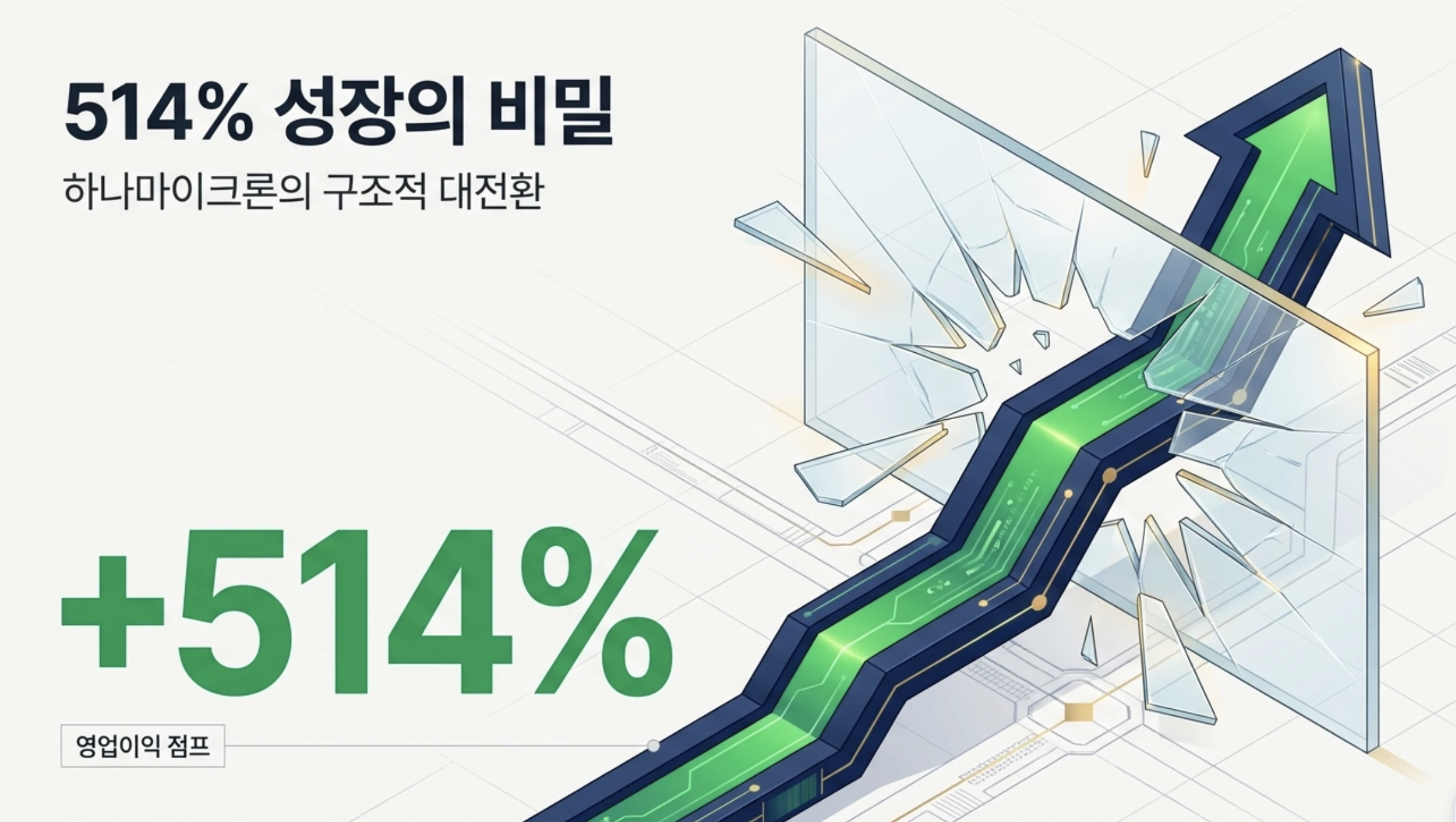 하나마이크론 주가 전망을 다룬 블로그 대표 이미지로, 깨진 유리를 뚫고 솟구치는 초록색 화살표와 '514% 성장의 비밀', '하나마이크론의 구조적 대전환', '영업이익 점프' 문구가 담겨 있다. 베트남 법인의 단가 구조 전환으로 1분기 영업이익이 514% 급증한 핵심 동력을 시각적으로 전달하며, 하나마이크론 실적과 주가 전망 주제를 설명한다.