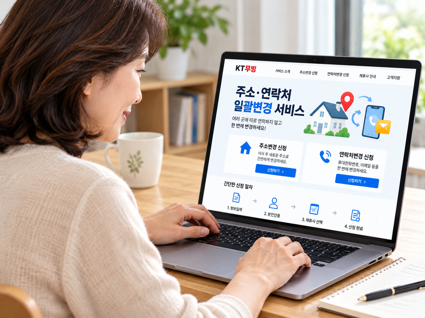 노트북에서 KT무빙 주소&middot;연락처 변경 신청을 진행하는 중년 여성의 이미지