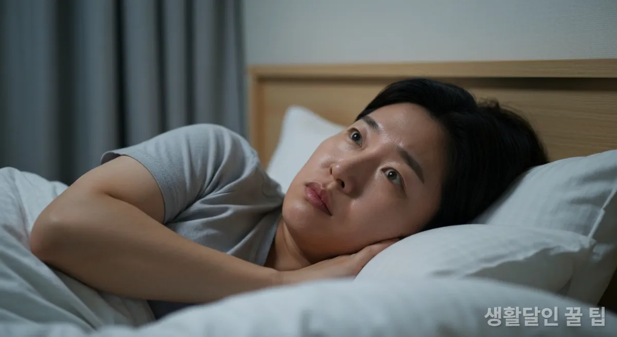 밤늦게 침대에 누워 뒤척이며 잠 못 이루는 한국인