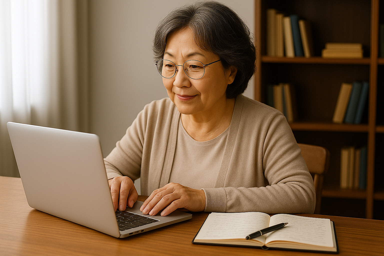 60대 후반의 할머니가 밝은 실내에서 노트북으로 작업하며 노트에 기록된 글과 펜이 함께 놓여 있는 모습을 담은 사진. 부드러운 조명과 책장이 어우러져 지적이고 따뜻한 분위기를 자아낸다.