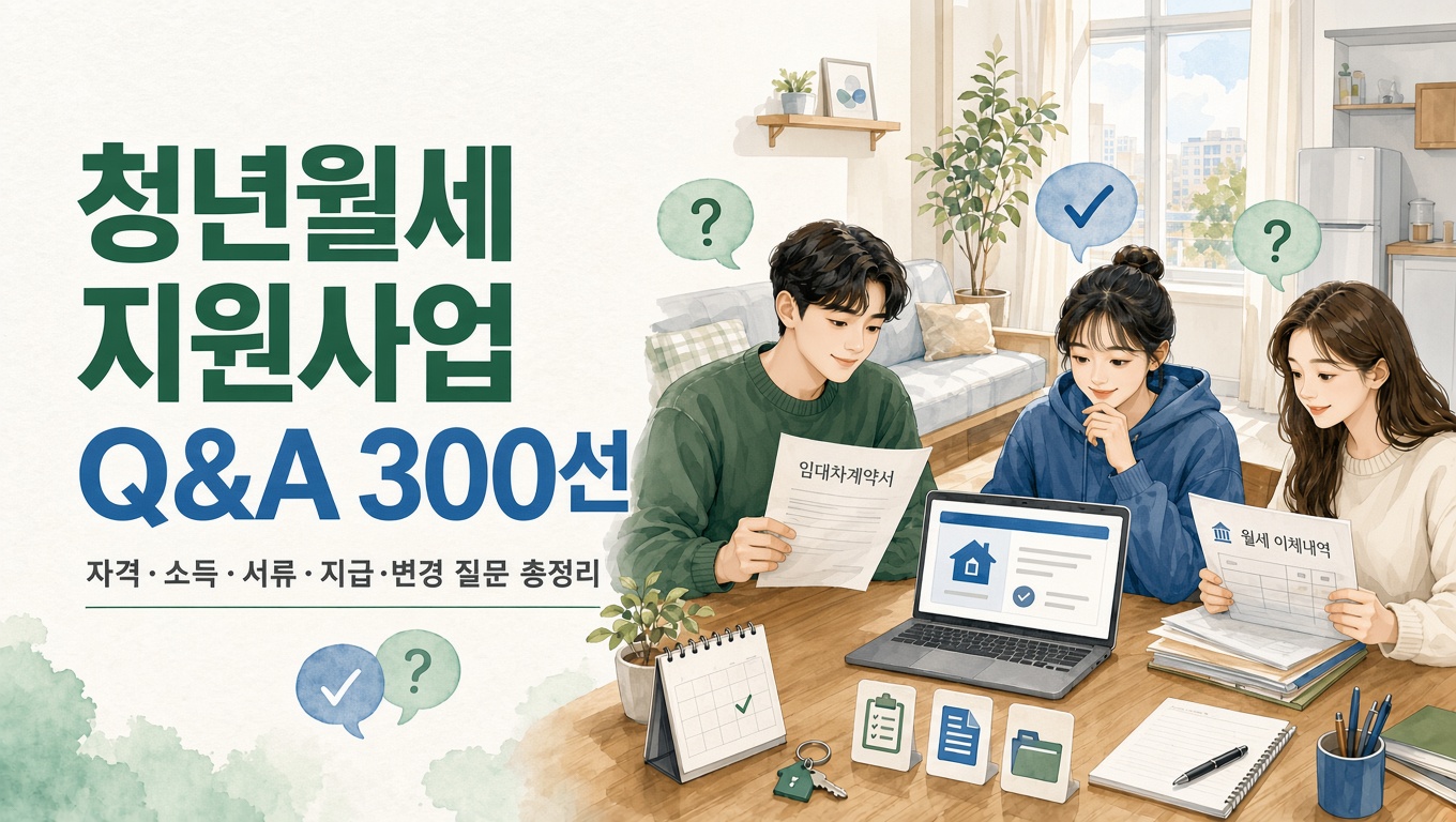 2026 청년월세 지원사업 Q&amp;A 300선 - 지원대상 . 지원금액 . 지급일 . 신청방법&middot;대리신청 . 준비서류 . 신청기간 . 이의신청 . 소득&middot;재산 기준 . 제외대상 . 주거형태 . 지원기간 . 이사&middot;계약 변경신청 . 지급중지&middot;지원재개 . 외국인&middot;난민 특례