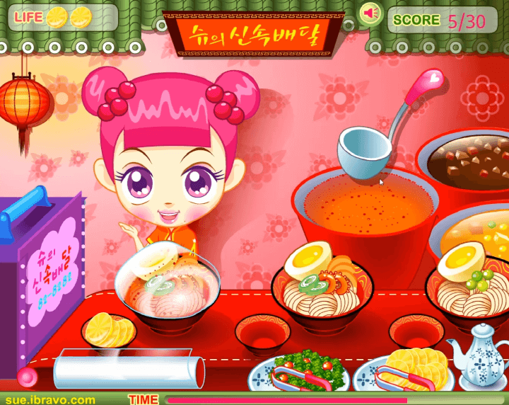 쥬니어네이버-슈의-신속배달-플래시게임-플레이2-완성된-짬뽕-그릇에-랩을-씌우는-화면