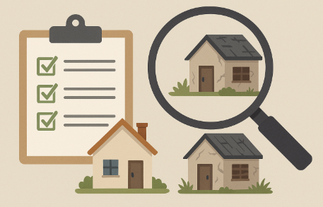 "농촌 빈집 판별 기준을 표현한 일러스트, 체크리스트와 돋보기, 관리된 주택과 노후 빈집이 함께 나타난 디자인