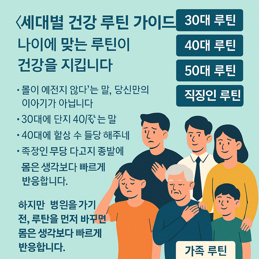 30대부터 50대, 직장인과 가족까지 연령별로 실천 가능한 건강 루틴을 한눈에 소개하는 한국어 인포그래픽 이미지로, 다양한 연령대의 인물 일러스트가 함께 포함된 디자인