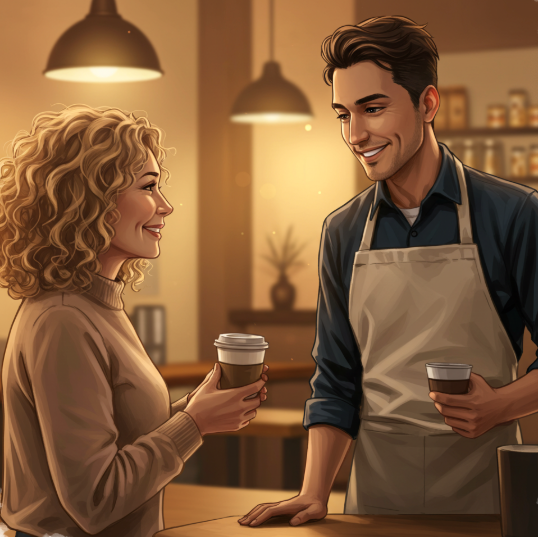 카페에서 음료를 받고 서로 스몰토킹하는 모슴