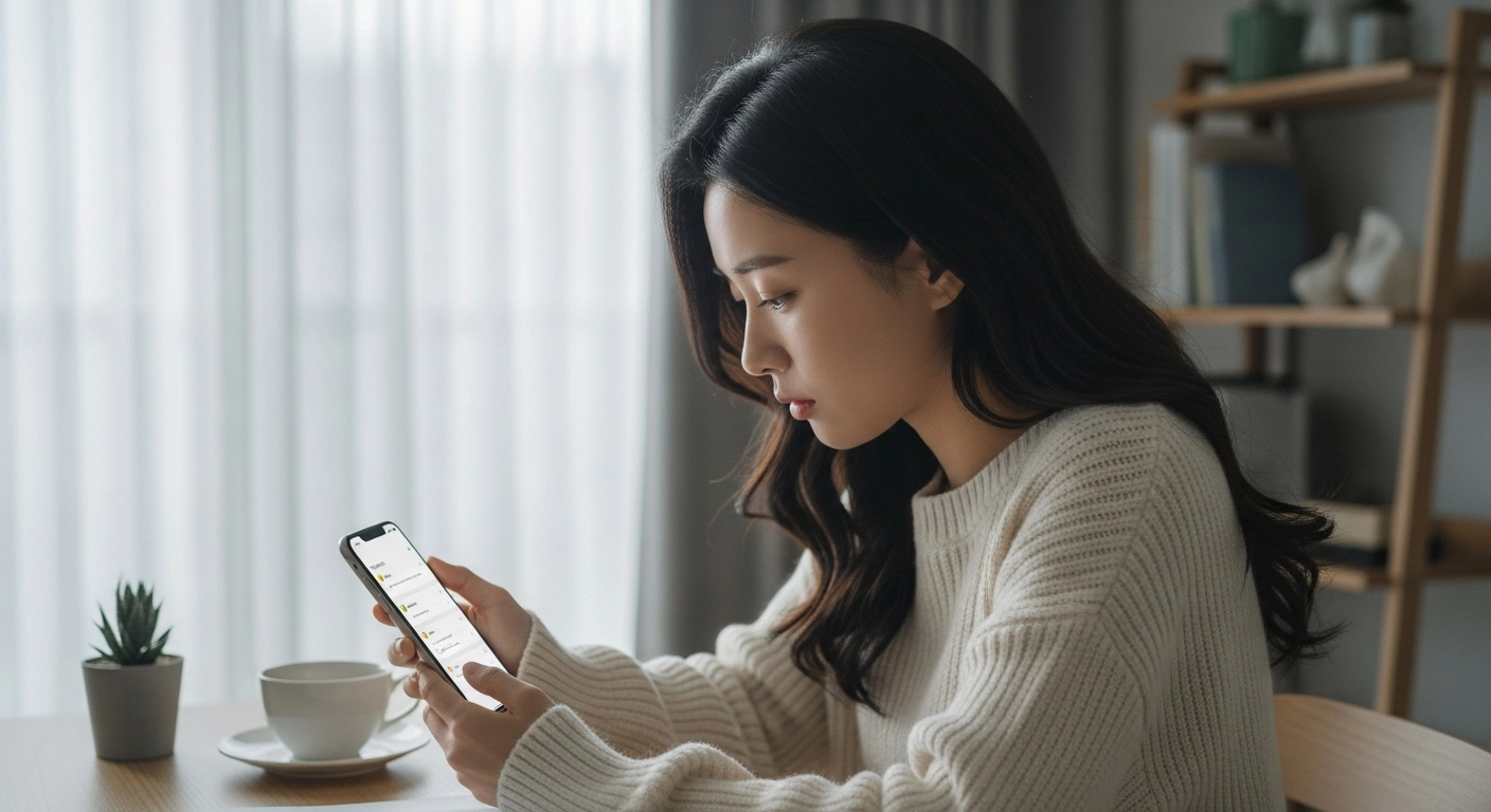 스마트폰 알림이 오지 않아 확인하는 장면
