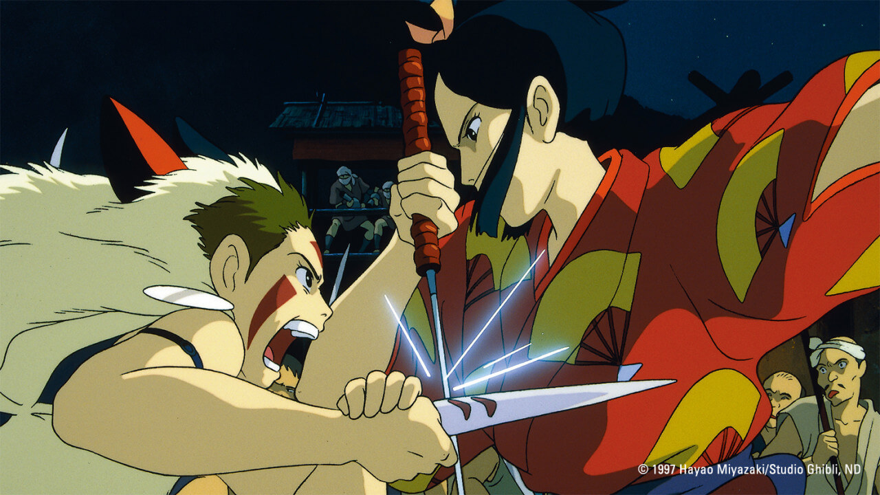 숲을 공격한 에보시에게 칼을 겨누는 원령공주 산