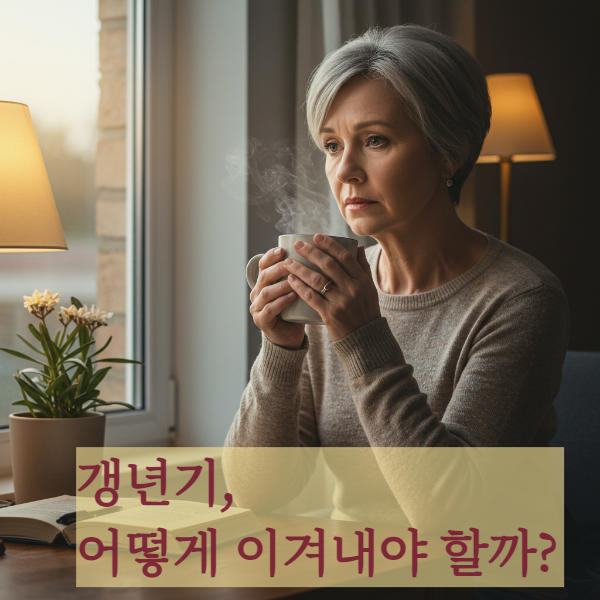 차를 마시며 갱년기를 고민하는 중년여성