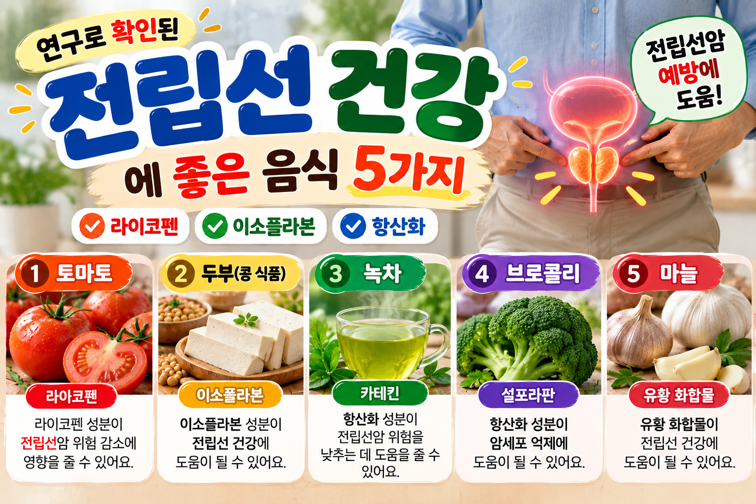 전립선 건강에 좋은 음식 5가지와 라이코펜, 이소플라본, 항산화 성분의 특징을 소개하는 건강정보 썸네일 이미지. 상단에는 '전립선 건강에 좋은 음식 5가지'라는 제목과 남성의 전립선 위치를 나타낸 의학 일러스트가 배치되어 있다. 하단에는 토마토, 두부, 녹차, 브로콜리, 마늘 등 전립선 건강과 관련해 연구된 다섯 가지 식품이 소개되어 있다. 토마토의 라이코펜, 두부의 이소플라본, 녹차의 카테킨, 브로콜리의 설포라판, 마늘의 유황 화합물 등 주요 성분을 설명하며, 항산화 작용과 전립선암 위험 감소 가능성에 관한 연구 내용을 시각적으로 표현하고 있다. 균형 잡힌 식습관을 통한 남성 건강 관리의 중요성을 강조하는 이미지이다.
