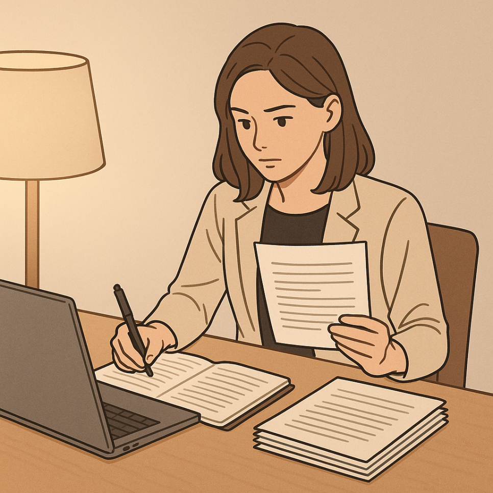 여성 변호사가 문서 작업을 하는 이미지.