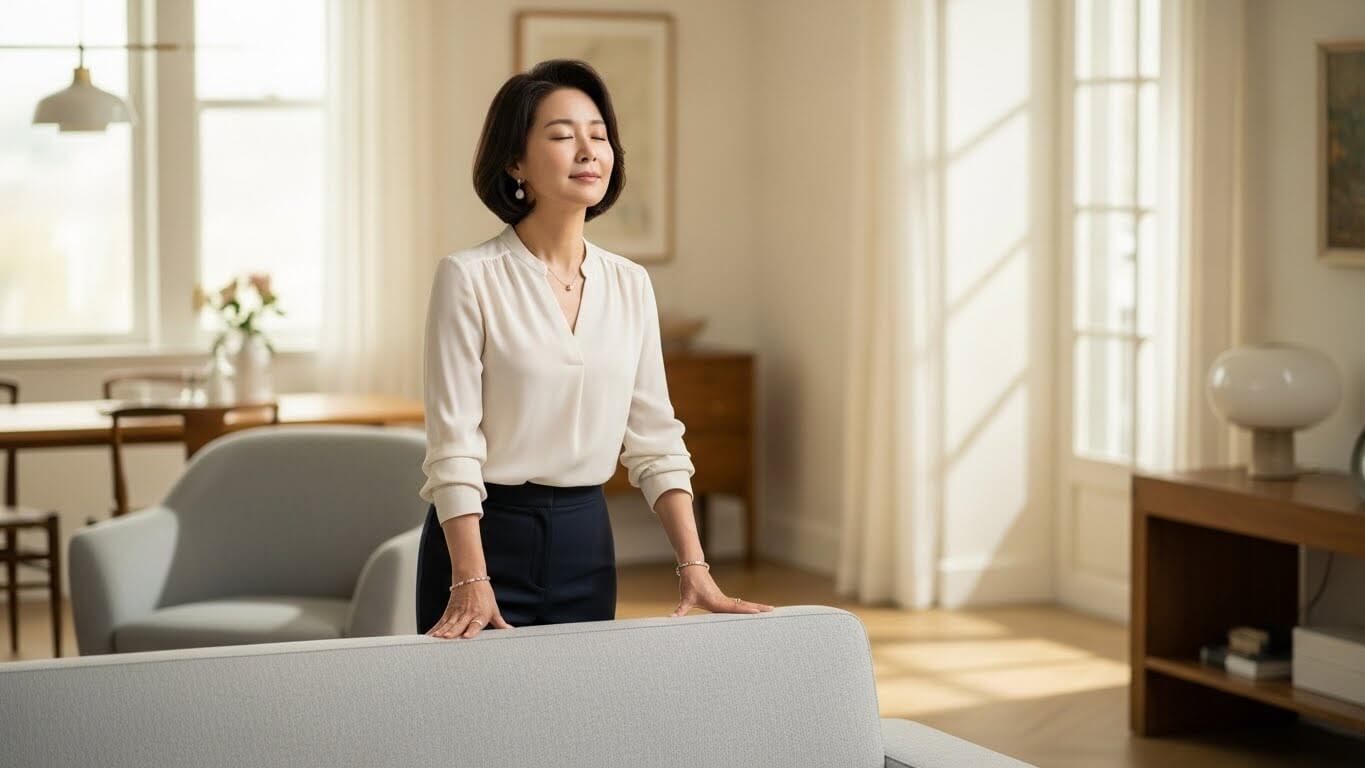 거실에서 잠시 균형을 잡으며 눈을 감고 선 중년 여성의 모습