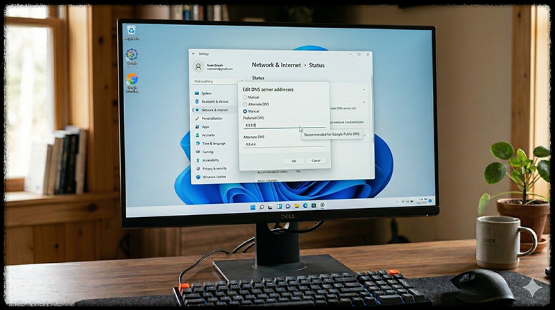 Windows 네트워크 설정에서 DNS 서버 주소를 변경하는 모습