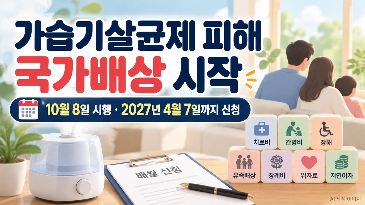 가습기살균제 피해 국가배상 시작과 10월 8일 시행, 2027년 4월 7일까지 신청기간 및 주요 배상 범위 안내 이미지