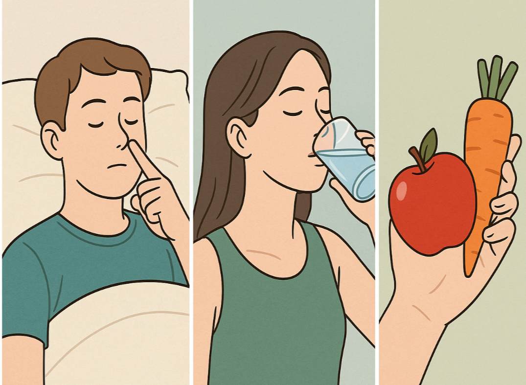 입냄새를 줄이는 방법을 표현한 이미지로, 코로 숨 쉬는 습관, 수분 섭취, 건강한 음식 섭취 장면이 순서대로 나타나 있습니다.