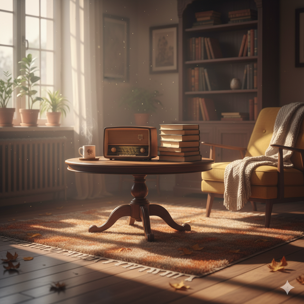 오래된 라디오와 책, 아늑한 복고풍 공간, 아네모이아 감성
