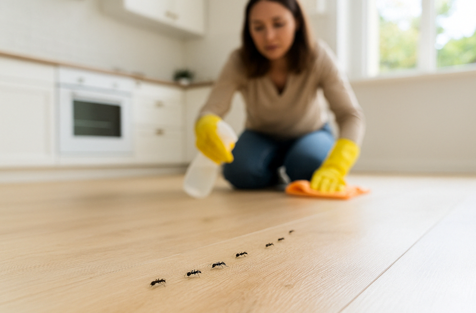 주방에 출몰한 개미와 이를 청소하는 사람의 모습