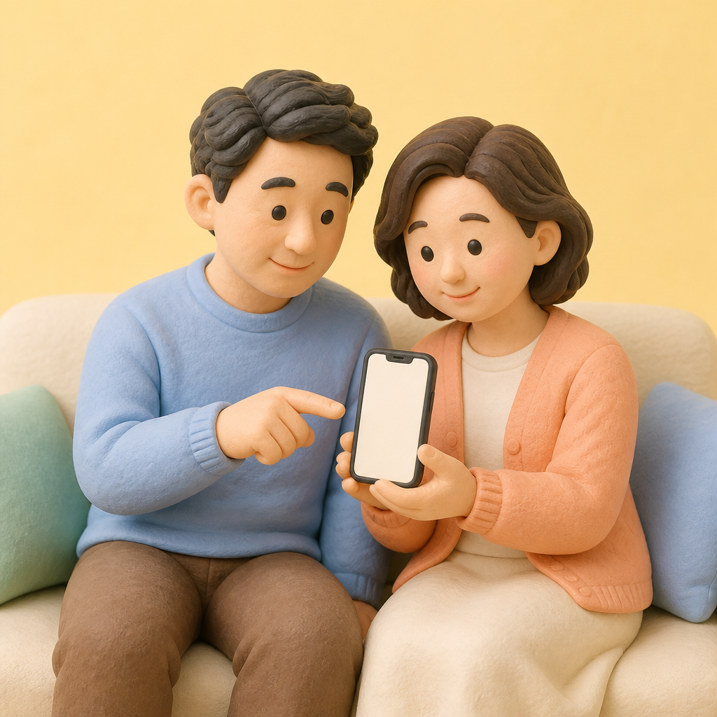 거실 소파에서 휴대폰으로 가입 내역을 살펴보는 부부
