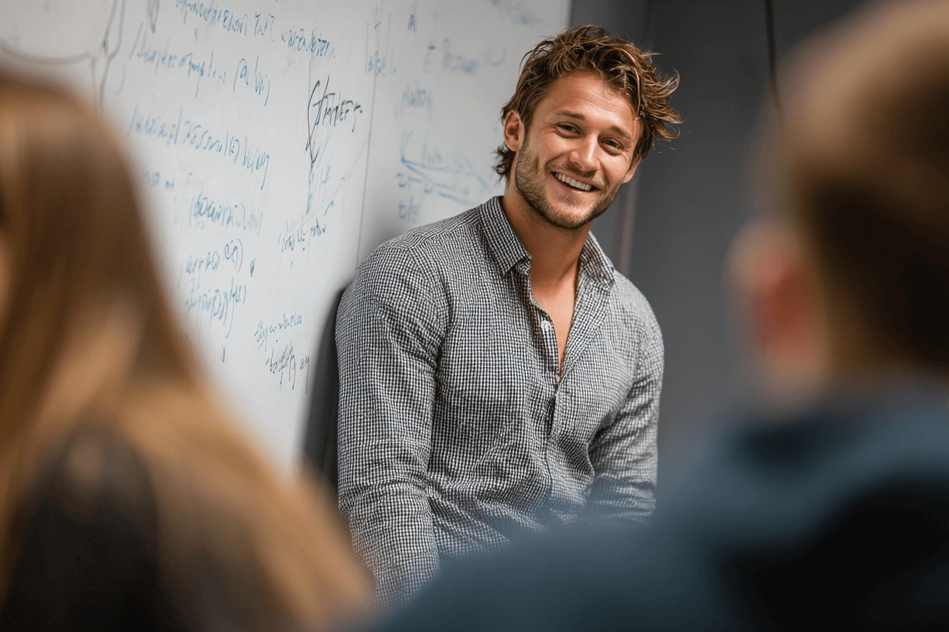 화이트보드-앞에서-강의중인-서양인-남성-이미지