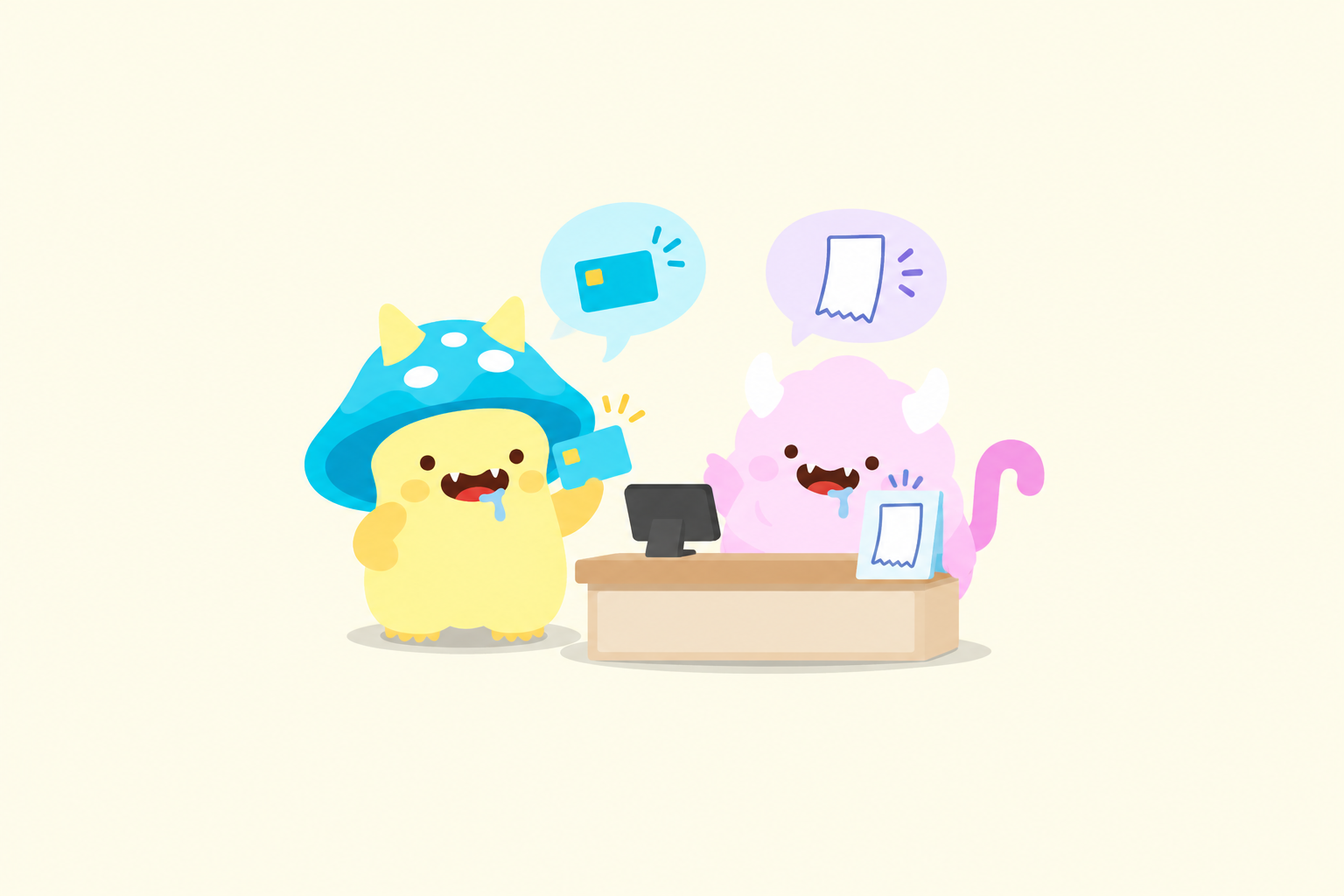 カードを持つBodeと、紙のレシートの絵がある札のそばにいるShuShu。二人の間にレジ端末がある。
