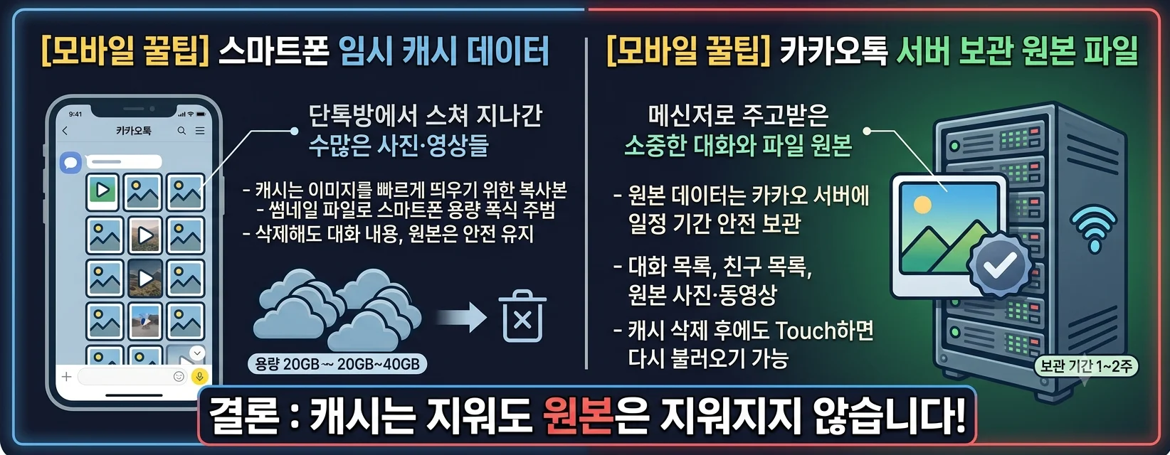 카카오톡 캐시 데이터와 원본 사진 저장 차이 및 대화 내용 보존 인포그래픽