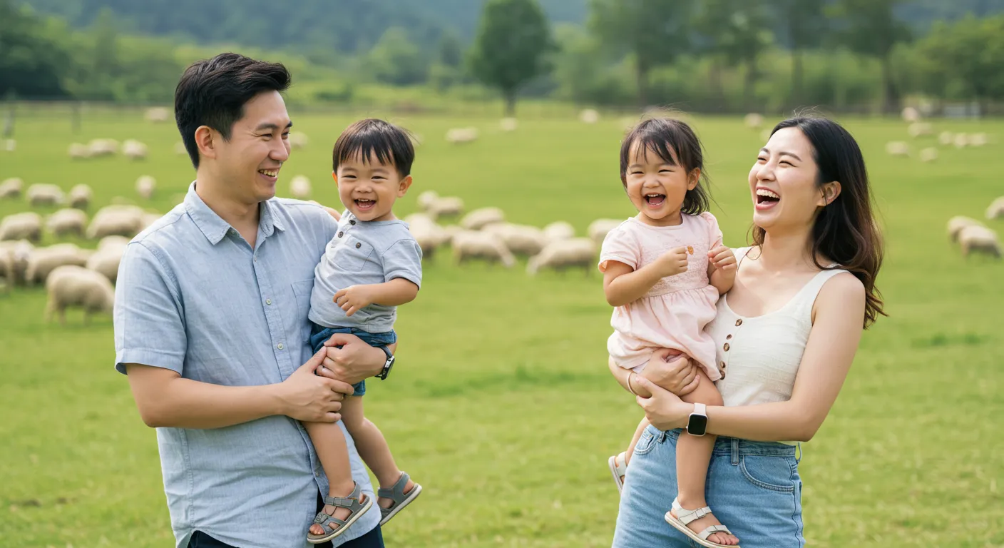 가족과 푸른초원에서 활짝 웃고 있는 모습