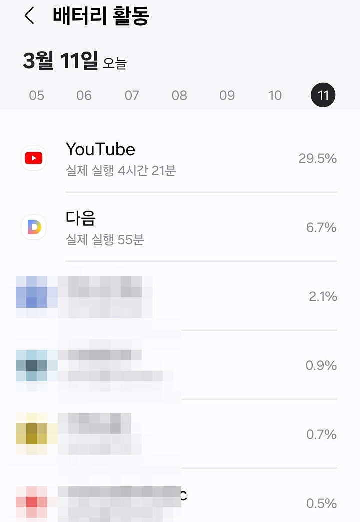 배터리 사용량 목록 보임