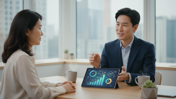 IRP 담보대출 상담을 통해 노후 자산을 보호하며 급전을 마련하는 한국인과 금융 전문가의 모습.