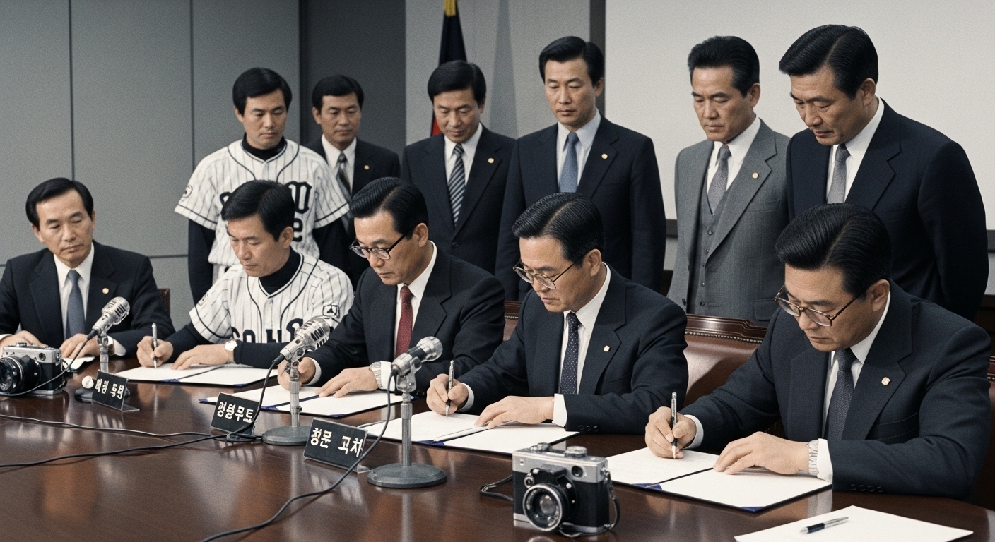 1982년 한국 프로야구 MBC 청룡 팀 창단식을 상징하는 빈티지 사진, 관계자들이 계약서에 서명하는 모습