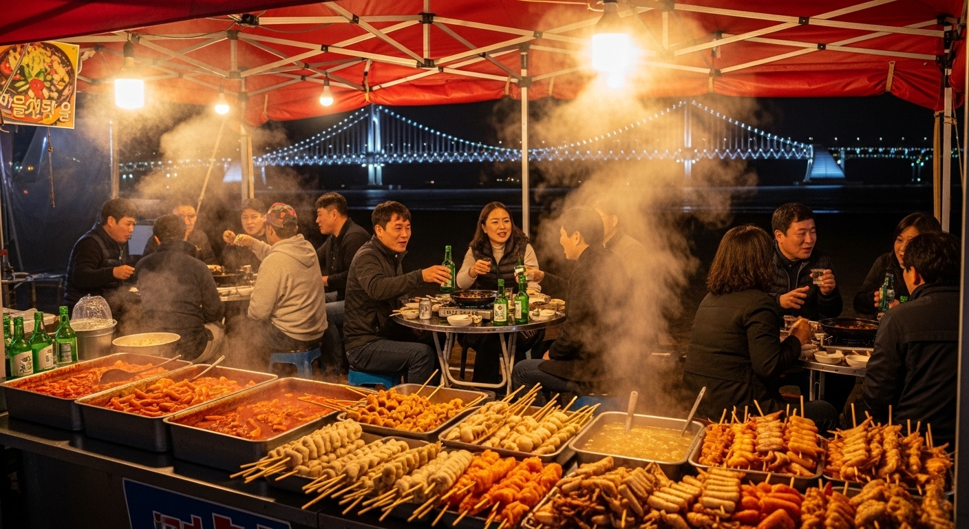 광안리 해변 근처 포장마차에서 사람들이 맛있는 음식과 함께 즐거운 시간을 보내는 활기찬 모습.