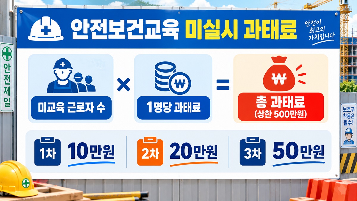 미교육 근로자 수와 위반 차수에 따른 안전보건교육 과태료 계산 방법을 보여주는 도식