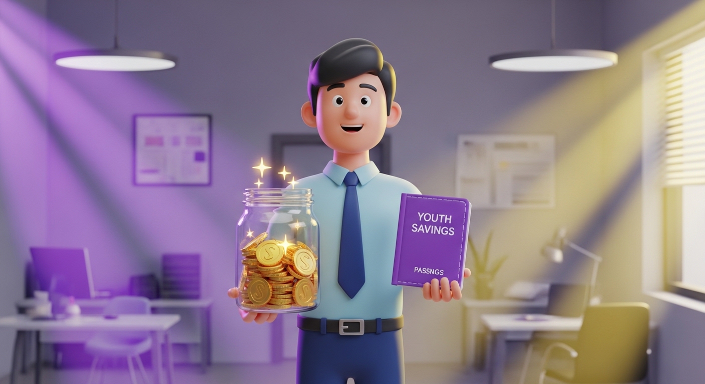 청년이 황금코인의 병과 youth savings 를 나란히 들고있다