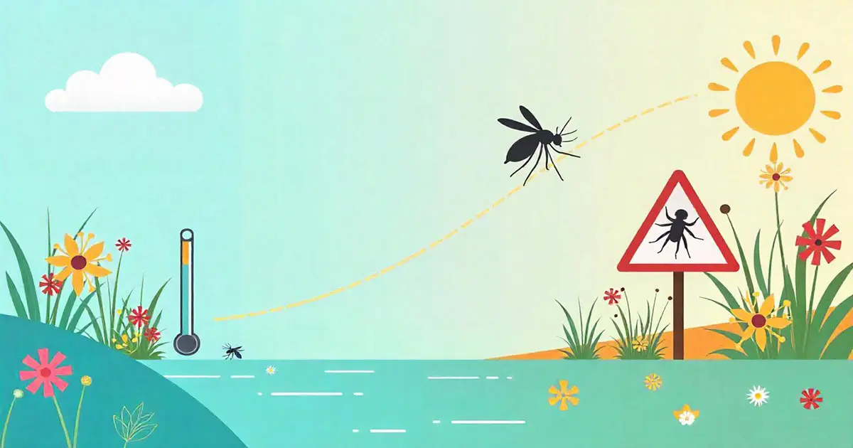여름 기온과 습도의 상승이 모기 활동과 질병 전파를 증가시키는 과정을 보여주는 인포그래픽