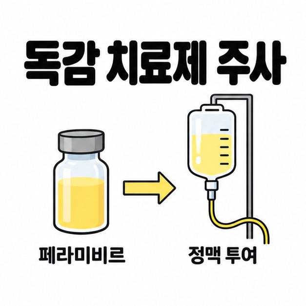 독감 치료제 주사 제목과 페라미비르 정맥 투여가 독감 치료에 사용되는 관계 도식