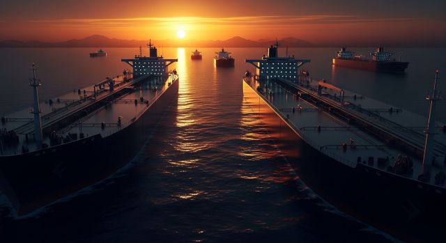 긴장이 감도는 중동 호르무즈 해협을 지나는 유조선들과 에너지 위기를 상징하는 배경