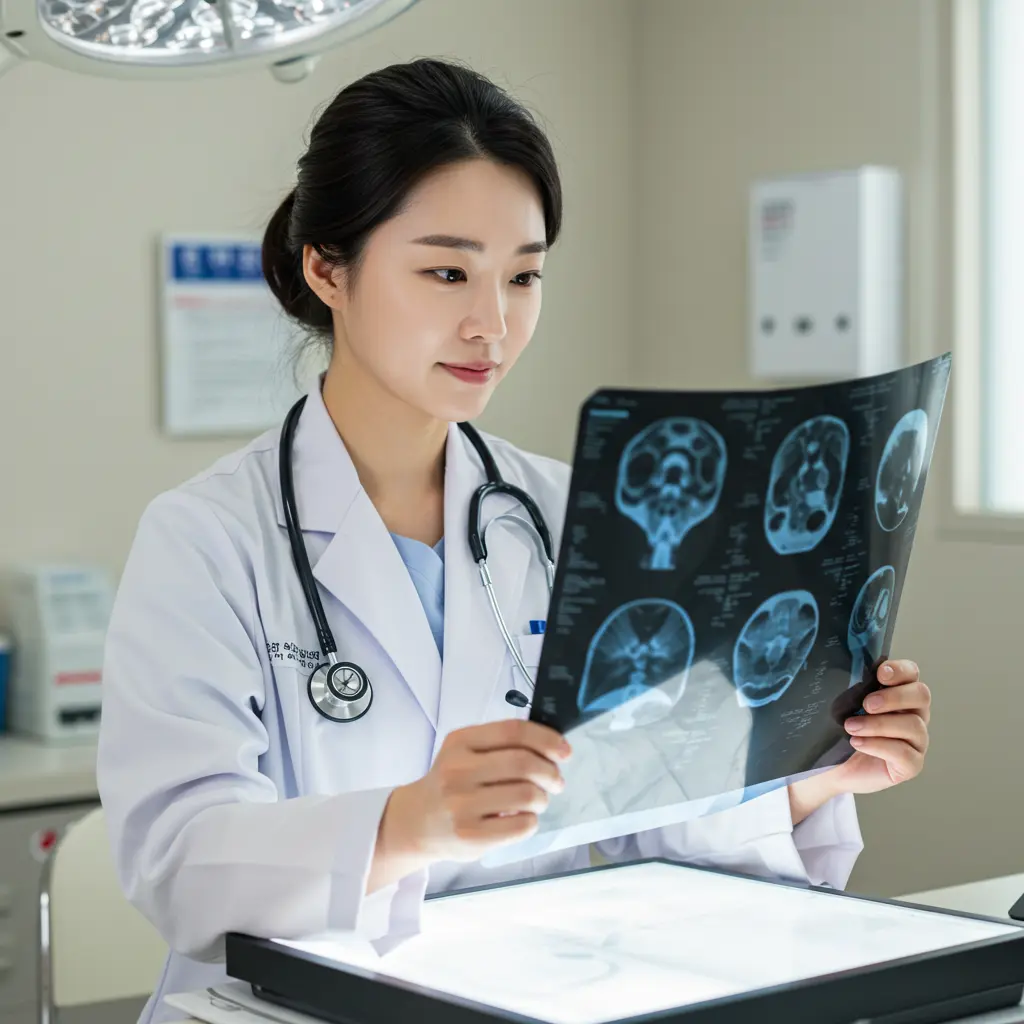 암 검진 가이드 확인하는 의사 모습