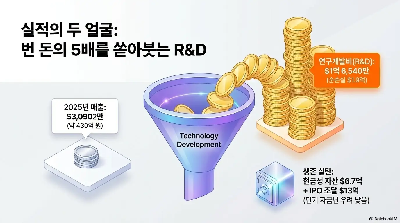 퀀티넘 실적의 두 얼굴을 깔때기로 표현한 이미지. 2025년 매출 3&amp;#44;090만 달러보다 다섯 배 많은 연구개발비와 순손실 구조 그리고 현금성 자산 6억 7천만 달러에 상장 조달 13억 달러로 자금은 넉넉함을 보여줌