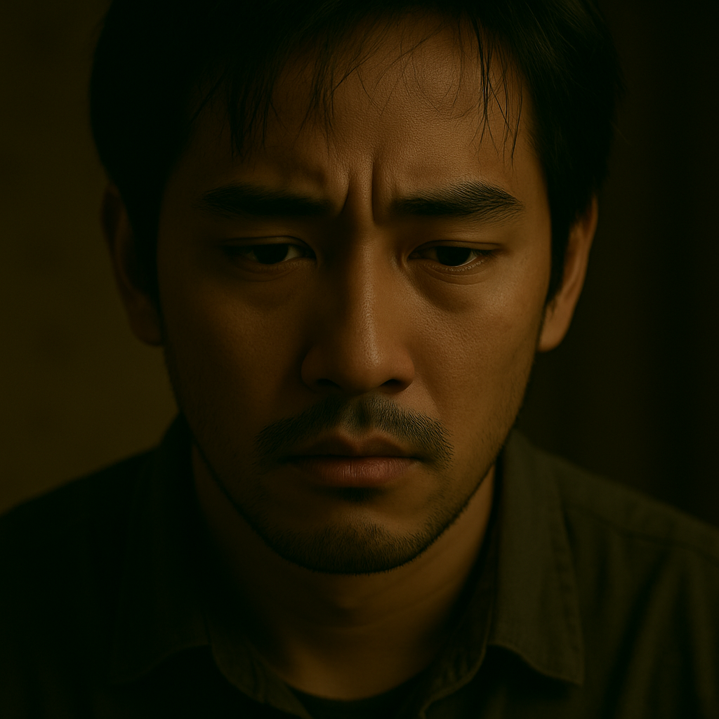 심리적 갈등을 겪는 남자 주인공의 어두운 얼굴 클로즈업