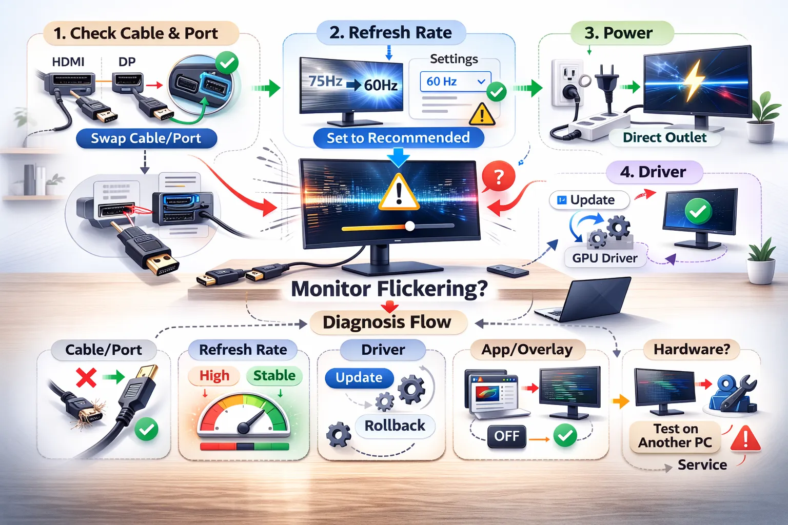 모니터 화면 깜빡임 해결 (케이블 교체, 주사율 조정, 드라이버 점검)