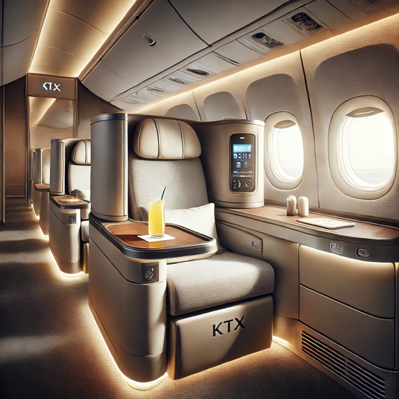 KTX 특실 내부, 넓은 좌석과 여유로운 다리 공간이 돋보이는 고급스러운 분위기