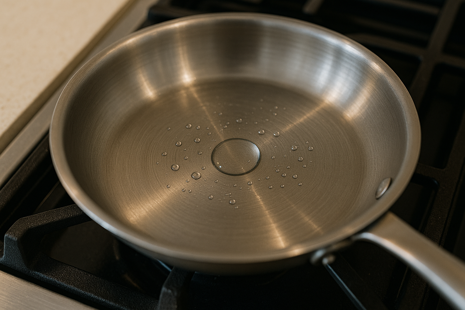 스테인리스 프라이팬 중앙에 구슬처럼 맺힌 물방울과 주변 작은 물방울