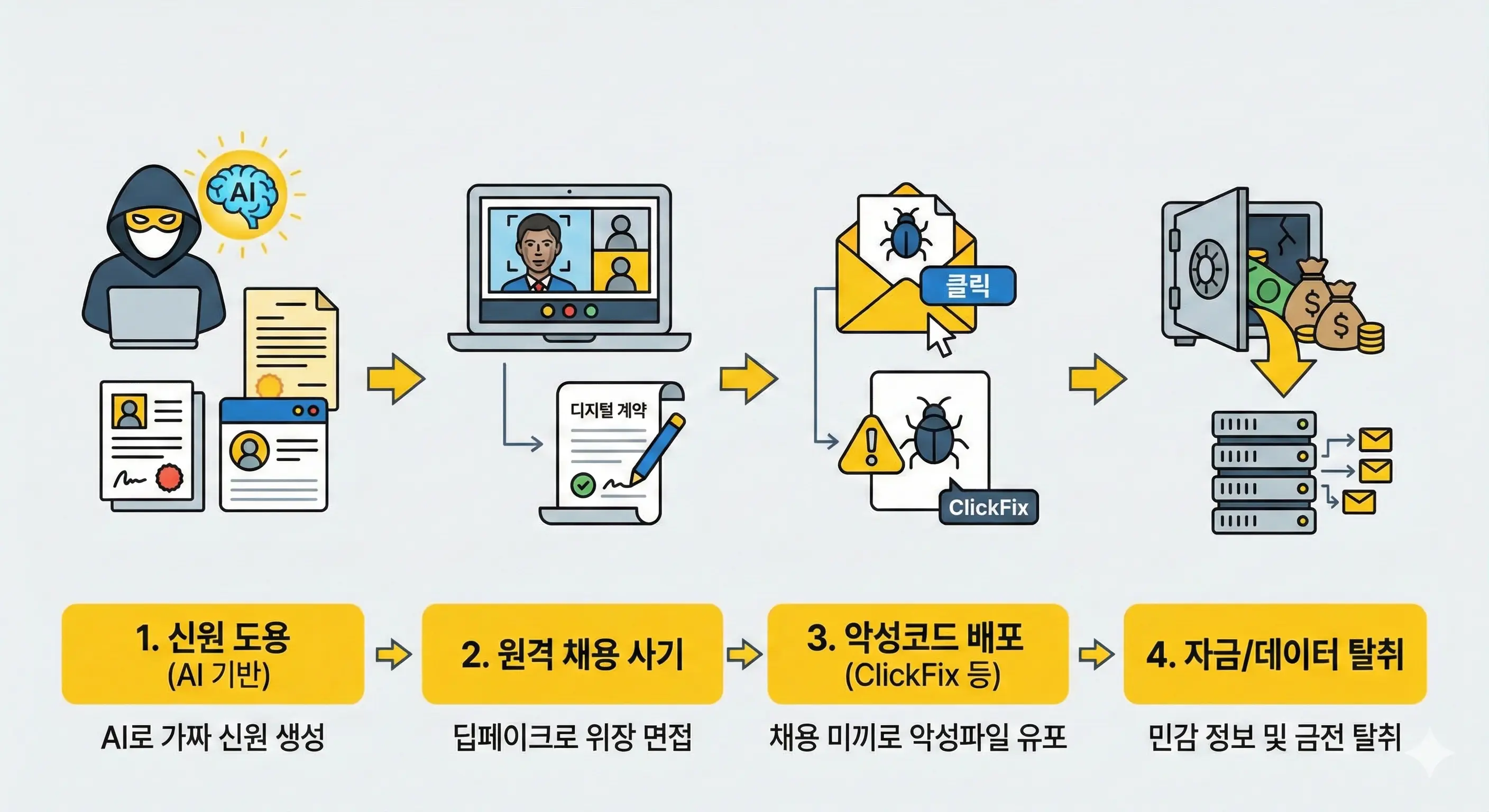 북한 해커 조직의 기업 침투 및 자금 탈취 프로세스 인포그래픽