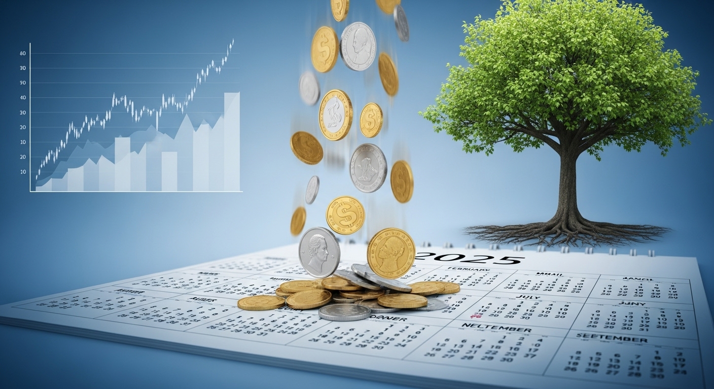 2025년 달력으로 떨어지는 동전들과 안정적인 성장 그래프가 보이는 이미지. 고배당주 투자를 통한 월별 배당금 수령과 재정적 안정성을 상징합니다.