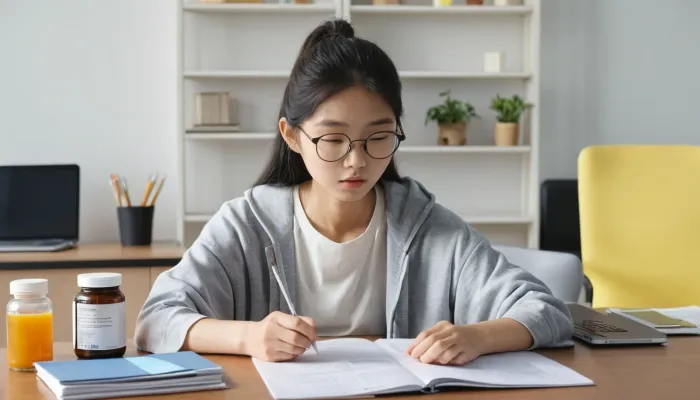 책상 위에 면역력 영양제를 놓고 공부 중인 모습