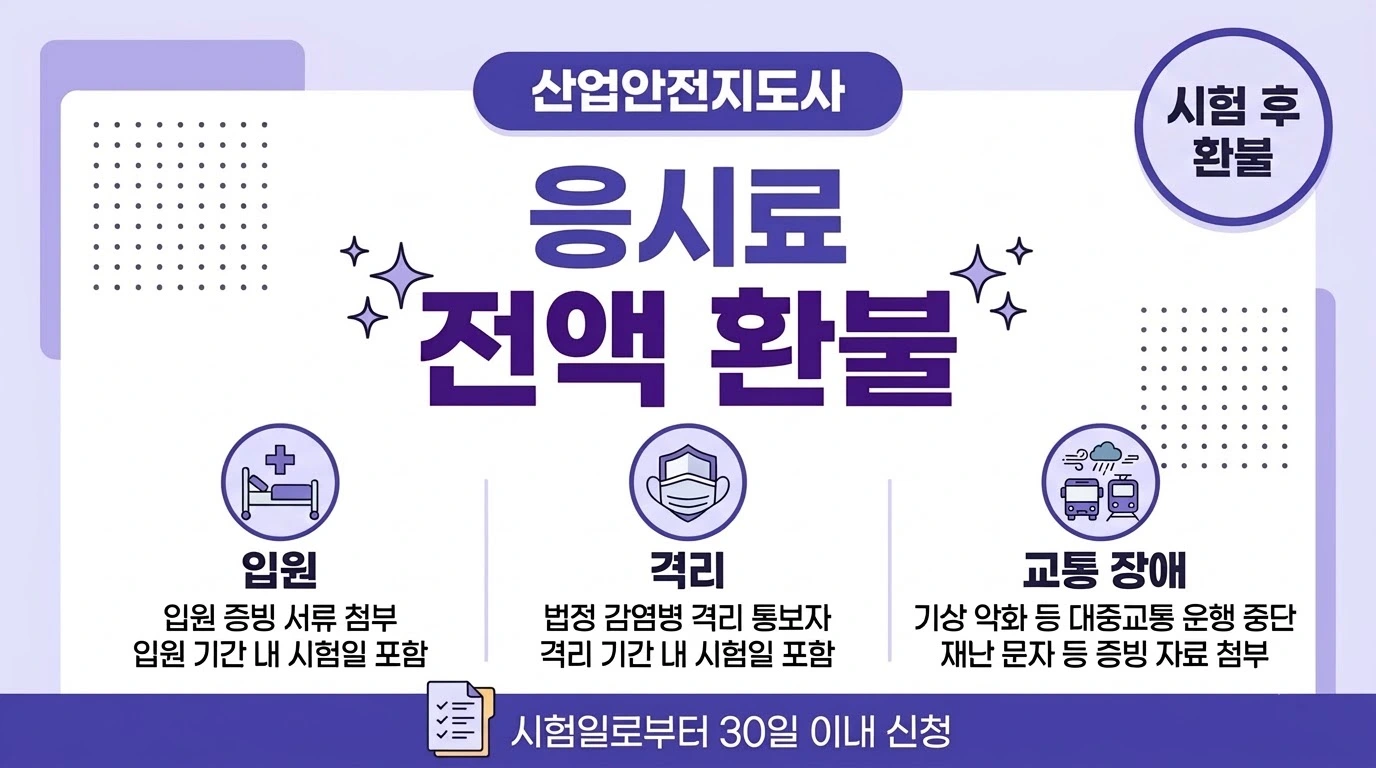 산업안전지도사 응시수수료를 시험 후에도 전액 환불받는 사유(입원, 감염병 격리, 교통 두절)를 정리한 썸네일