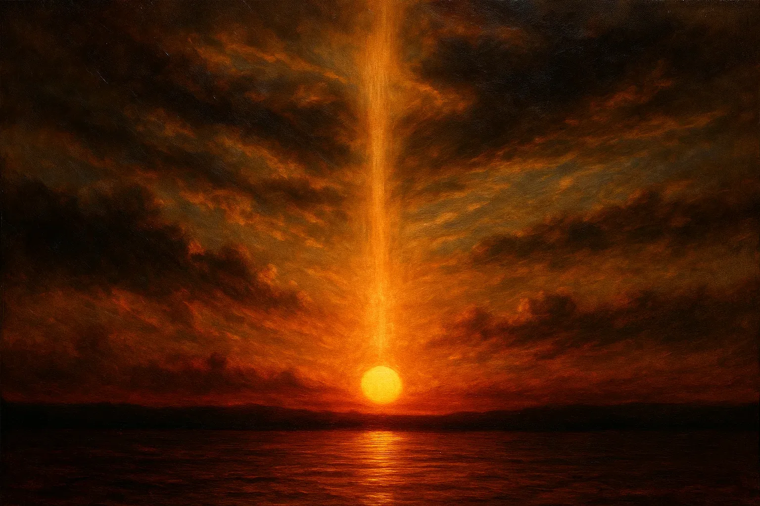 붉게 물든 하늘과 바다 위로 강렬한 빛줄기가 내려오는 인상적인 노을 풍경