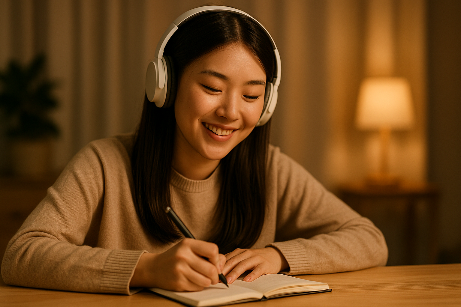 음악을 들으며, 감정 노트를 작성하는 여성의 모습