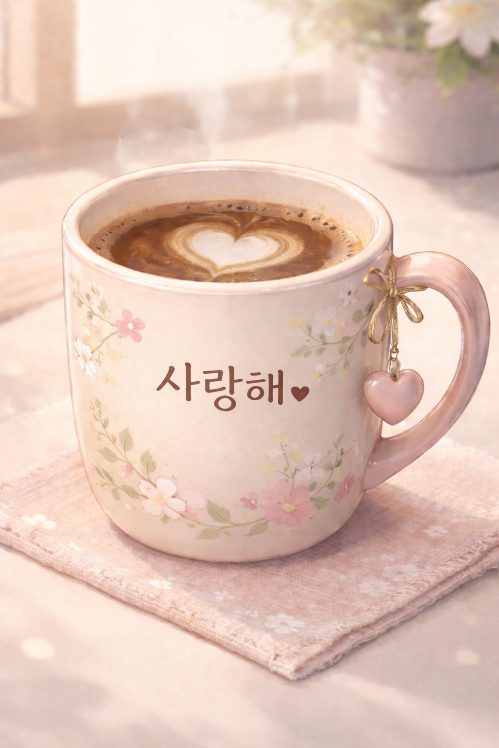 꽃무늬 머그컵에 담긴 따뜻한 커피와 하트 라떼아트가 놓인 아늑한 장면