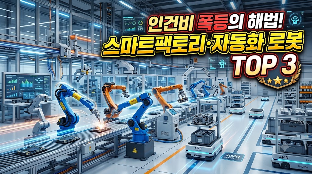 최첨단 스마트팩토리 내부에서 산업용 로봇 팔과 AMR 물류로봇이 일하는 고화질 이미지. "인건비 폭등의 해법! 스마트팩토리&middot;자동화 로봇 TOP 3" 문구가 들어간 썸네일.
