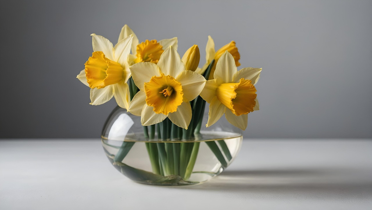 물이 든 화병에 꽂혀있는 노란색 수선화들